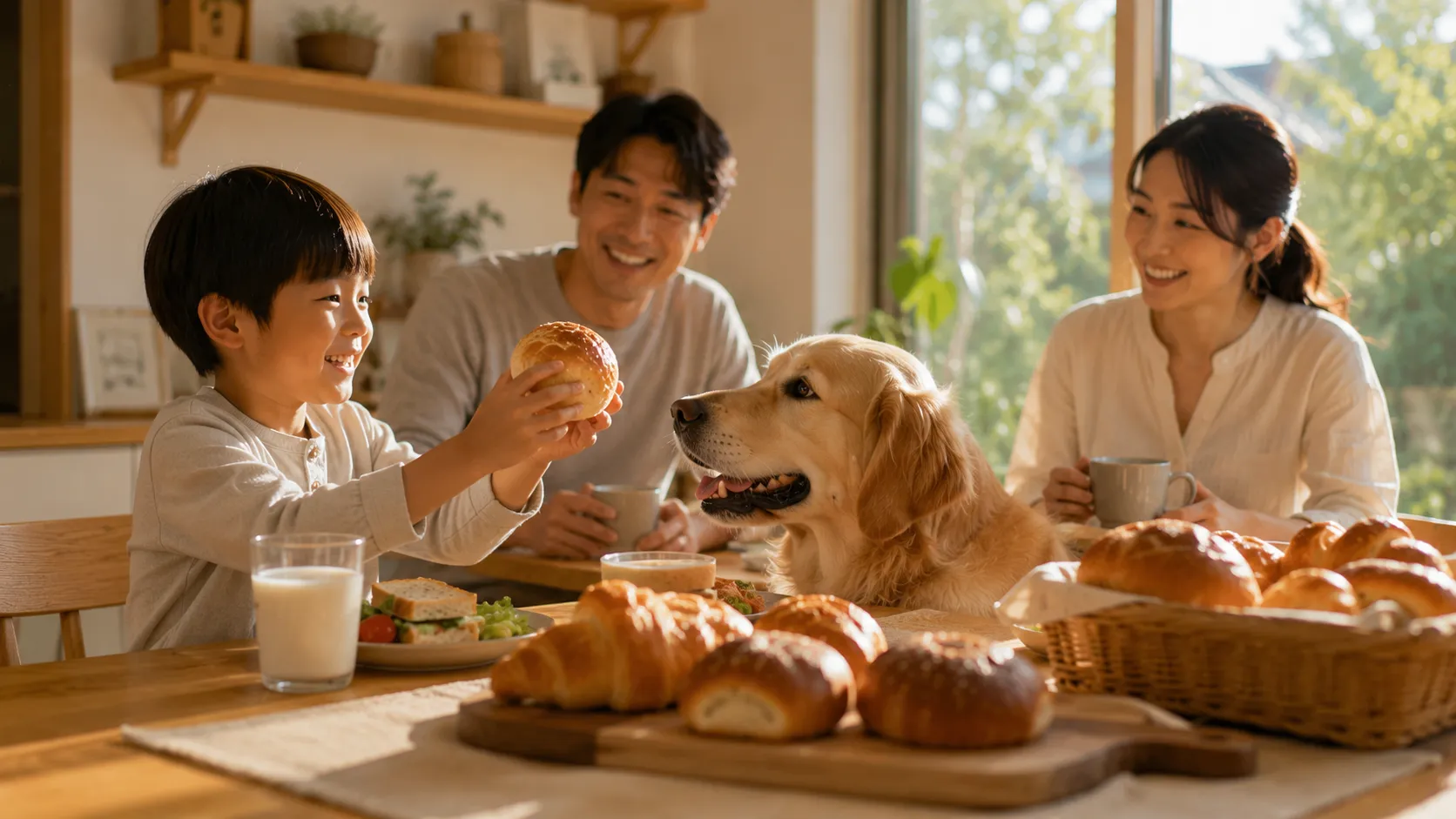 家族とワンちゃんが一緒に食卓を囲む様子